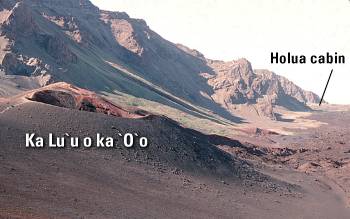 Close view of north rim of Ka Lu`u o ka `O`o cone, Haleakala Crater, East Maui volcano, Maui