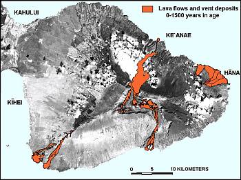 Map of east Maui volcano Haleakala showing lava flows younger than 1,500 years, Maui